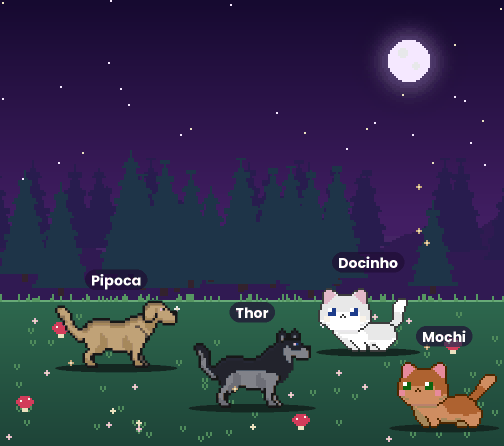 Floresta em pixel art à noite com quatro pets brincando: Thor, Docinho, Pipoca e Mochi